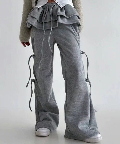 おしゃれスタ(オシャレスタ)の「フリルレイヤード スウェットワイドパンツ(スウェットパンツ・レディース・アイボリー/グレー/ブラウン/ダークグレー/ブラック・FREE)」の6枚目の写真
