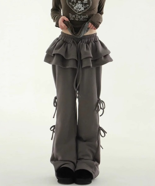 おしゃれスタ(オシャレスタ)の「フリルレイヤード スウェットワイドパンツ(スウェットパンツ・レディース・アイボリー/グレー/ブラウン/ダークグレー/ブラック・FREE)」の11枚目の写真