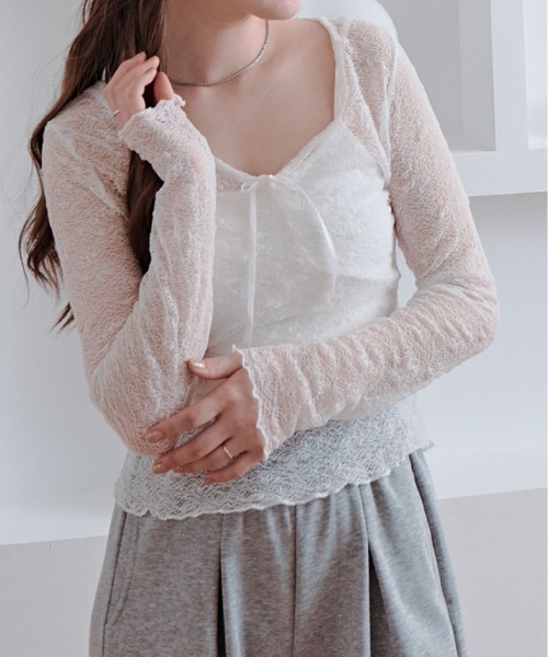 kirakiraShop（キラキラショップ）の「【インナーキャミソールセット】リボン付き レース シアー トップス（Tシャツ/カットソー・レディース・ブラック/ホワイト・FREE）」の2枚目の写真
