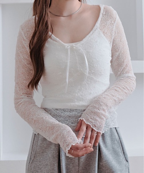 kirakiraShop（キラキラショップ）の「【インナーキャミソールセット】リボン付き レース シアー トップス（Tシャツ/カットソー・レディース・ブラック/ホワイト・FREE）」の3枚目の写真