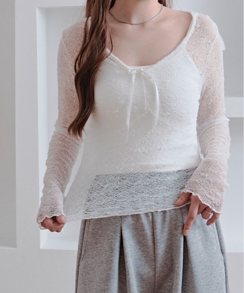 kirakiraShop（キラキラショップ）の「【インナーキャミソールセット】リボン付き レース シアー トップス（Tシャツ/カットソー・レディース・ブラック/ホワイト・FREE）」の5枚目の写真
