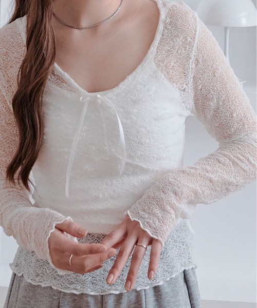 kirakiraShop（キラキラショップ）の「【インナーキャミソールセット】リボン付き レース シアー トップス（Tシャツ/カットソー・レディース・ブラック/ホワイト・FREE）」の7枚目の写真