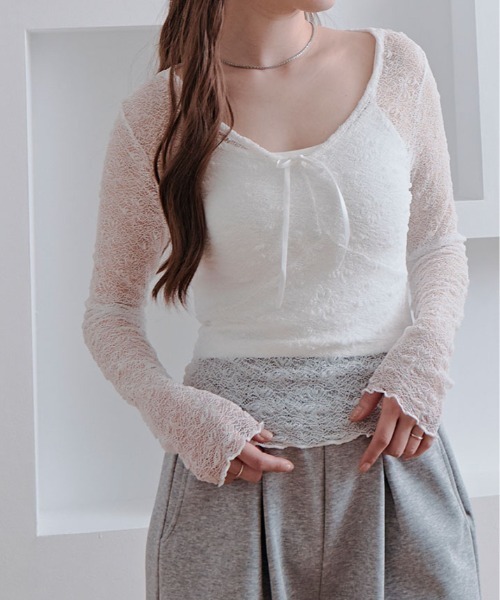 kirakiraShop（キラキラショップ）の「【インナーキャミソールセット】リボン付き レース シアー トップス（Tシャツ/カットソー・レディース・ブラック/ホワイト・FREE）」の8枚目の写真