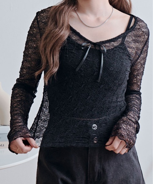 kirakiraShop（キラキラショップ）の「【インナーキャミソールセット】リボン付き レース シアー トップス（Tシャツ/カットソー・レディース・ブラック/ホワイト・FREE）」の10枚目の写真