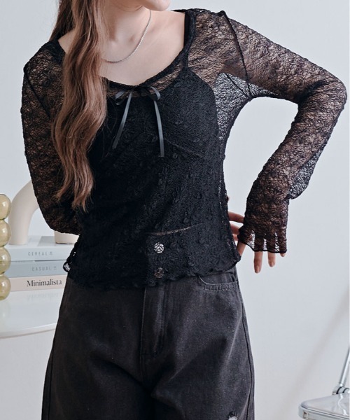 kirakiraShop（キラキラショップ）の「【インナーキャミソールセット】リボン付き レース シアー トップス（Tシャツ/カットソー・レディース・ブラック/ホワイト・FREE）」の12枚目の写真