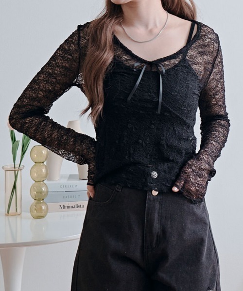 kirakiraShop（キラキラショップ）の「【インナーキャミソールセット】リボン付き レース シアー トップス（Tシャツ/カットソー・レディース・ブラック/ホワイト・FREE）」の13枚目の写真