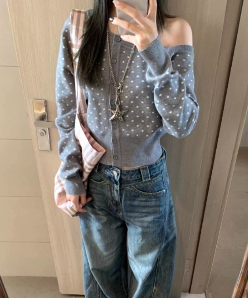 Ritzy(リッツィー)の「ドット柄 ニットカーディガン風トップス(カーディガン/ボレロ・レディース・ピンク/グレー・S/M/L)」の1枚目の写真