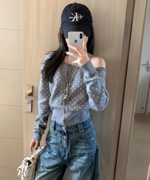 Ritzy(リッツィー)の「ドット柄 ニットカーディガン風トップス(カーディガン/ボレロ・レディース・ピンク/グレー・S/M/L)」の8枚目の写真