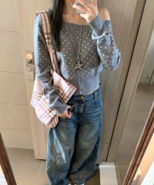 Ritzy(リッツィー)の「ドット柄 ニットカーディガン風トップス(カーディガン/ボレロ・レディース・ピンク/グレー・S/M/L)」の7枚目の写真