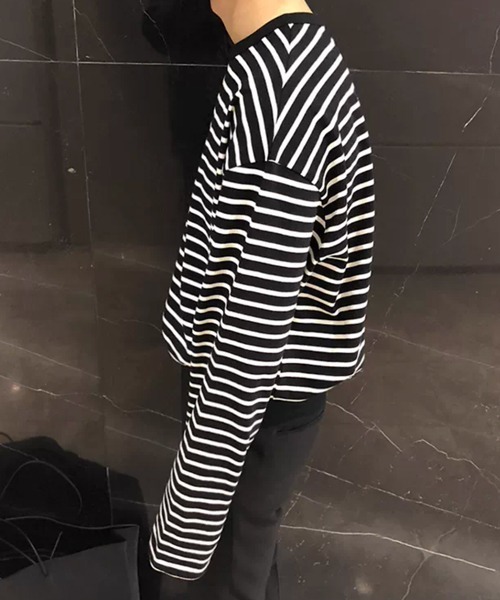 NOWLE(ノウル)の「【NOWLE】リラックスフィット モノトーンボーダー 長袖 Tシャツ(Tシャツ/カットソー・メンズ・ブラック/ホワイト・X-LARGE/LARGE/MEDIUM)」の8枚目の写真