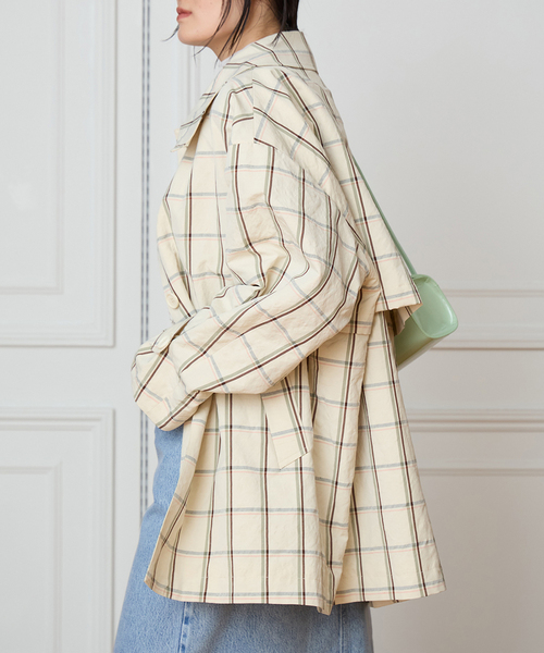 IENA LA BOUCLE P/Lチェックステンカラーハーフコート（ステンカラー