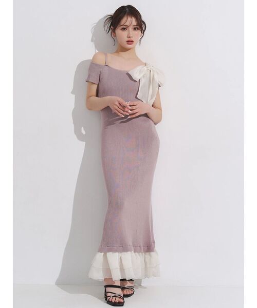 MERCURYDUO（マーキュリーデュオ）の「ワンショルリボンティアードニットワンピース（ワンピース・レディース・ベビーピンク/ブラック/ブラウン・MEDIUM/SMALL）」の3枚目の写真