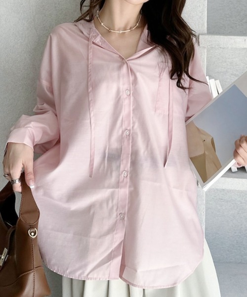 umune(ウムネ)の「シアーシャツ フード付き 長袖 ブラウス オフホワイト 透け感 シースルー オーバーサイズ ルーズ 紫外線対策 冷房対策 羽織り トップス 秋 冬(シャツ/ブラウス・レディース・ブラック/オフホワイト/ピンク・FREE)」の13枚目の写真