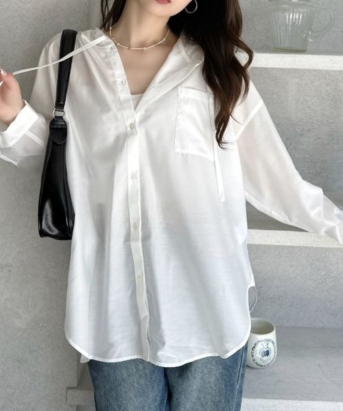 umune(ウムネ)の「シアーシャツ フード付き 長袖 ブラウス オフホワイト 透け感 シースルー オーバーサイズ ルーズ 紫外線対策 冷房対策 羽織り トップス 秋 冬(シャツ/ブラウス・レディース・ブラック/オフホワイト/ピンク・FREE)」の15枚目の写真