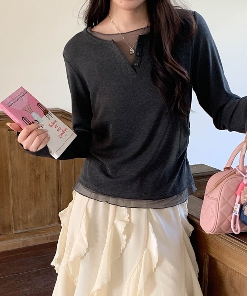 CHUN CHUN NOTES(チュンチュンノーツ)の「26SS/シアー配色レイヤード風ヘンリーネックTシャツ(Tシャツ/カットソー・レディース・ブラック/アイボリー/ダークグレー/ブラウン/ライトグレー・M)」の10枚目の写真