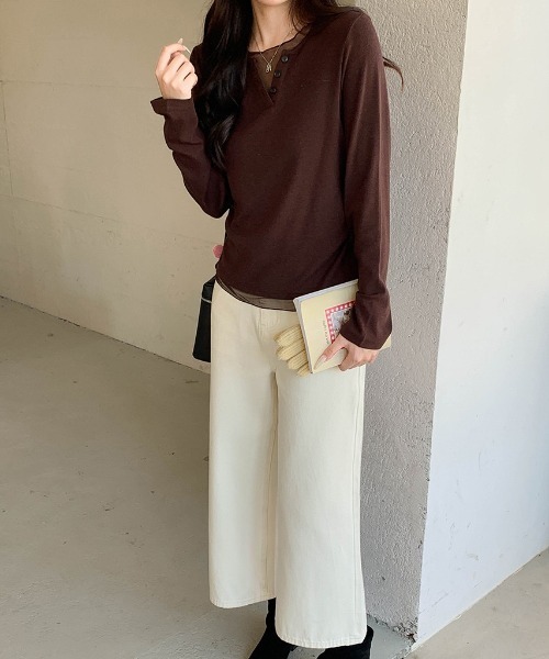CHUN CHUN NOTES(チュンチュンノーツ)の「26SS/シアー配色レイヤード風ヘンリーネックTシャツ(Tシャツ/カットソー・レディース・ブラック/アイボリー/ダークグレー/ブラウン/ライトグレー・M)」の18枚目の写真