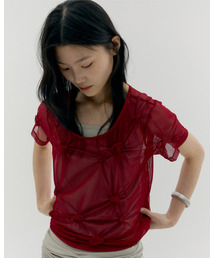 CACELE（カッセル）の「MESH DOT SHIRRED T-SHIRT, RED（Tシャツ/カットソー）」