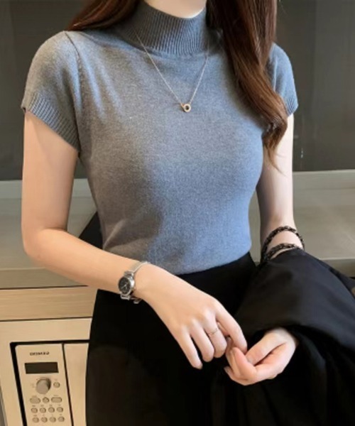 Beststore(ベストストア)の「「上品で洗練された印象に」大人のきれいめ半袖ハイネックニットトップス(ニット/セーター・レディース・ダークグリーン/ライトベージュ/ブラック/グリーン/ホワイト/グレー・FREE)」の3枚目の写真