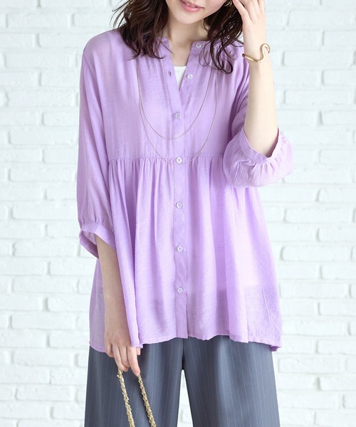 BELLUNA PLUS(ベルーナ)の「【2点セット】スラブ素材ペプラムチュニック インナー付き(シャツ/ブラウス・レディース・ストライプ/ライラック/ラベンダー/ネイビー・MEDIUM/LARGE/X-LARGE)」の11枚目の写真
