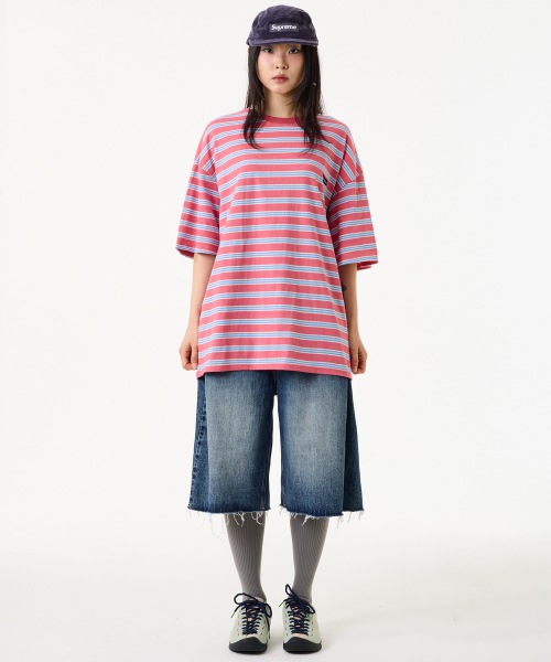 UNKNOWN PLANET(アンノウンプラネット)の「ルーズストライプハーフスリーブピンク(Tシャツ/カットソー・レディース・その他・FREE/MEDIUM/SMALL)」の3枚目の写真