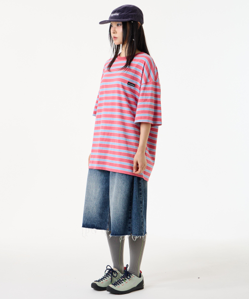 UNKNOWN PLANET(アンノウンプラネット)の「ルーズストライプハーフスリーブピンク(Tシャツ/カットソー・レディース・その他・FREE/MEDIUM/SMALL)」の4枚目の写真