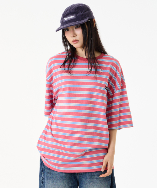 UNKNOWN PLANET(アンノウンプラネット)の「ルーズストライプハーフスリーブピンク(Tシャツ/カットソー・レディース・その他・FREE/MEDIUM/SMALL)」の14枚目の写真
