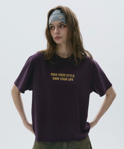BENUA(ベヌア)の「Damage logo T-shirt -ダメージロゴTシャツ-(Tシャツ/カットソー・レディース・イエロー/パープル・FREE)」の1枚目の写真
