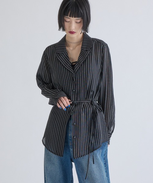 Lui's（ルイス）の「シアーストライプテーラードシャツ（シャツ/ブラウス・レディース・ブラウン/ブラック・FREE）」の4枚目の写真