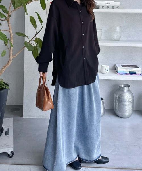 umune（ウムネ）の「もちもち感が可愛いダンボールニット素材♪重ね着コーデが楽しめるオーバーサイズシャツジャケット（シャツ/ブラウス・レディース・ブラウン/杢グレー/ブラック・FREE）」の9枚目の写真