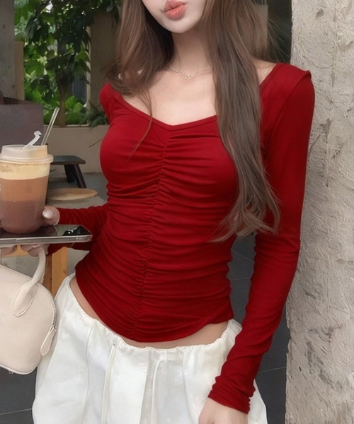 c.u.l(シーユーエル)の「カップ付き Vネック ギャザーカットソー culw937(Tシャツ/カットソー・レディース・グレー/レッド/ブラック/ホワイト・FREE)」の12枚目の写真