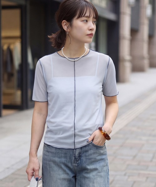 STYLE DELI（スタイルデリ）の「トリミング半袖シアートップス（Tシャツ/カットソー・レディース・ブルー/イエロー/アイボリー・FREE）」の2枚目の写真