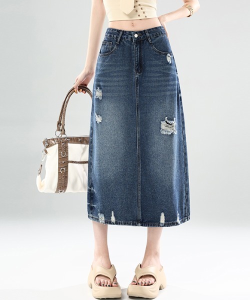 AMAJI(アマジ)の「ウォッシュド クラッシュ加工 ハイウエスト デニムスカート(スカート・レディース・ブルー・SMALL/MEDIUM/LARGE/X-LARGE)」の1枚目の写真