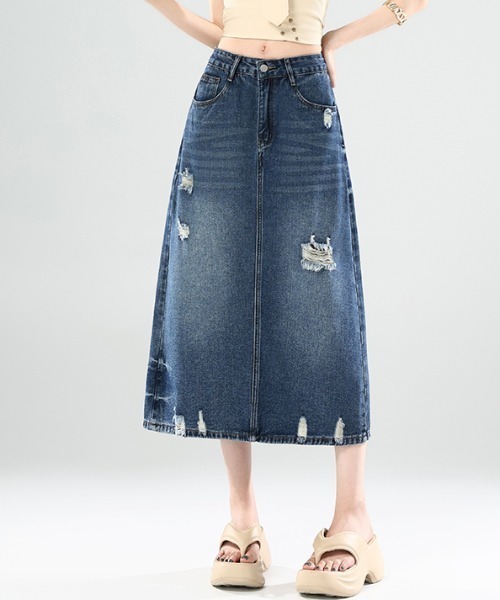 AMAJI(アマジ)の「ウォッシュド クラッシュ加工 ハイウエスト デニムスカート(スカート・レディース・ブルー・SMALL/MEDIUM/LARGE/X-LARGE)」の3枚目の写真