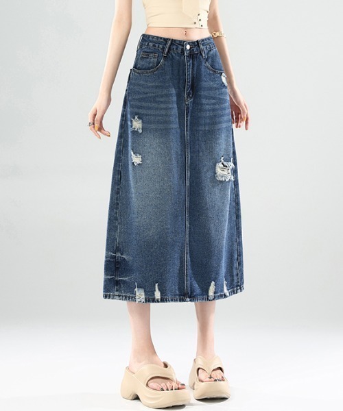 AMAJI(アマジ)の「ウォッシュド クラッシュ加工 ハイウエスト デニムスカート(スカート・レディース・ブルー・SMALL/MEDIUM/LARGE/X-LARGE)」の4枚目の写真