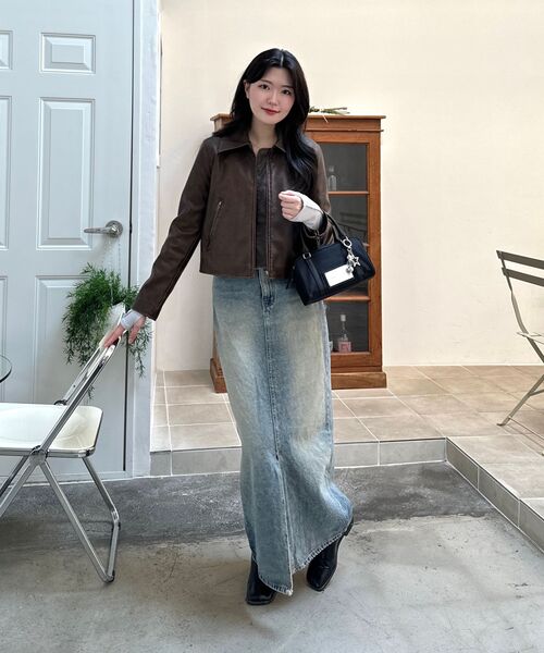 LEFTSEOUL（レフトソウル）の「シンセティックレザーウォッシングクロップジャケット[ブラウン]（ライダースジャケット・レディース・その他・FREE）」の18枚目の写真