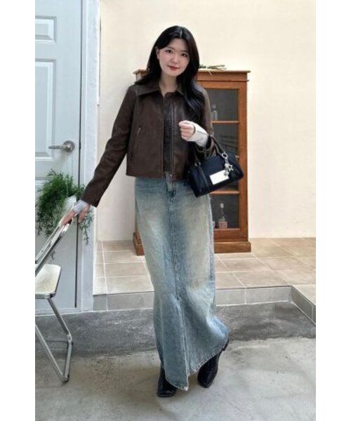 LEFTSEOUL（レフトソウル）の「シンセティックレザーウォッシングクロップジャケット[ブラウン]（ライダースジャケット・レディース・その他・FREE）」の3枚目の写真