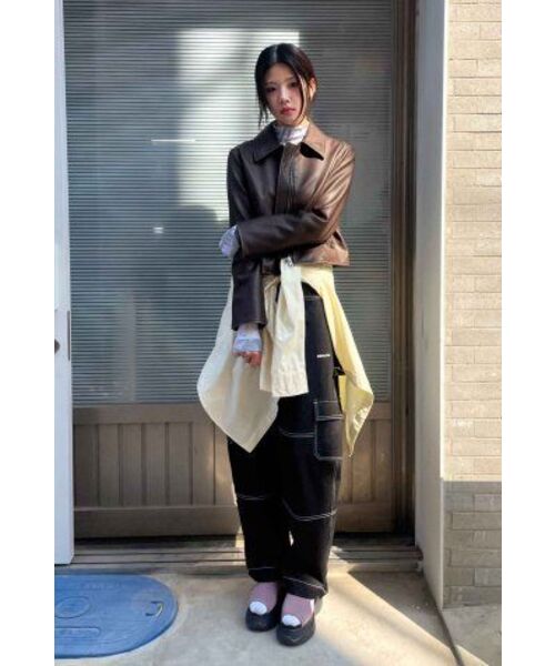 LEFTSEOUL（レフトソウル）の「シンセティックレザーウォッシングクロップジャケット[ブラウン]（ライダースジャケット・レディース・その他・FREE）」の5枚目の写真