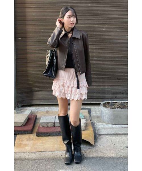LEFTSEOUL（レフトソウル）の「シンセティックレザーウォッシングクロップジャケット[ブラウン]（ライダースジャケット・レディース・その他・FREE）」の6枚目の写真
