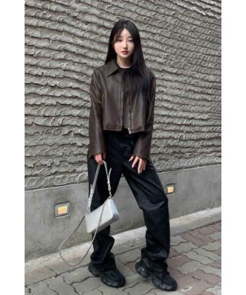 LEFTSEOUL（レフトソウル）の「シンセティックレザーウォッシングクロップジャケット[ブラウン]（ライダースジャケット・レディース・その他・FREE）」の8枚目の写真