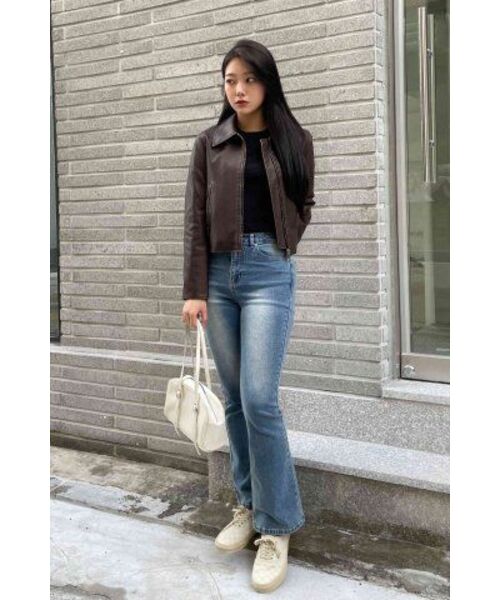 LEFTSEOUL（レフトソウル）の「シンセティックレザーウォッシングクロップジャケット[ブラウン]（ライダースジャケット・レディース・その他・FREE）」の9枚目の写真