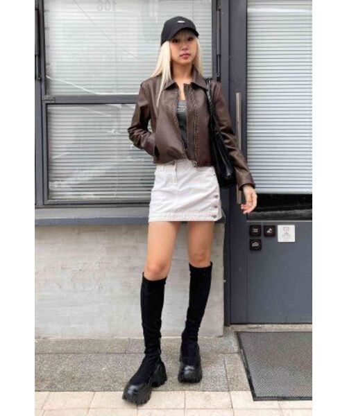 LEFTSEOUL（レフトソウル）の「シンセティックレザーウォッシングクロップジャケット[ブラウン]（ライダースジャケット・レディース・その他・FREE）」の10枚目の写真
