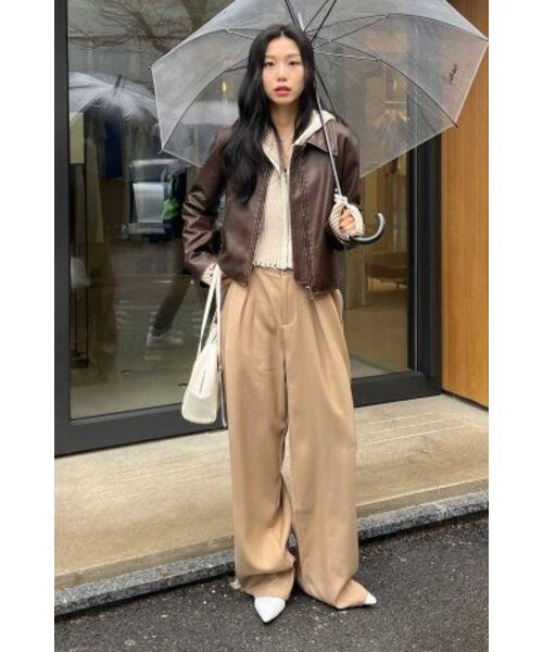 LEFTSEOUL（レフトソウル）の「シンセティックレザーウォッシングクロップジャケット[ブラウン]（ライダースジャケット・レディース・その他・FREE）」の11枚目の写真