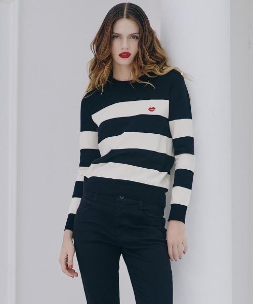 DOUBLE STANDARD CLOTHING(ダブルスタンダードクロージング)の「リップボーダー天竺ニット(ニット/セーター・レディース・ホワイト×ブラック/ブラック・36/38)」の1枚目の写真