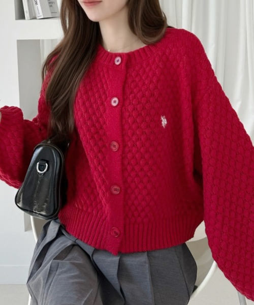 U.S. POLO ASSN.(ユーエスポロアッスン)の「【Ada.別注 U.S. POLO ASSN.】 クルーネック 表面感 ぽこぽこ ボリュームスリーブ カーディガン(カーディガン/ボレロ・レディース・レッド/アイボリー/チャコール・L/M)」の11枚目の写真