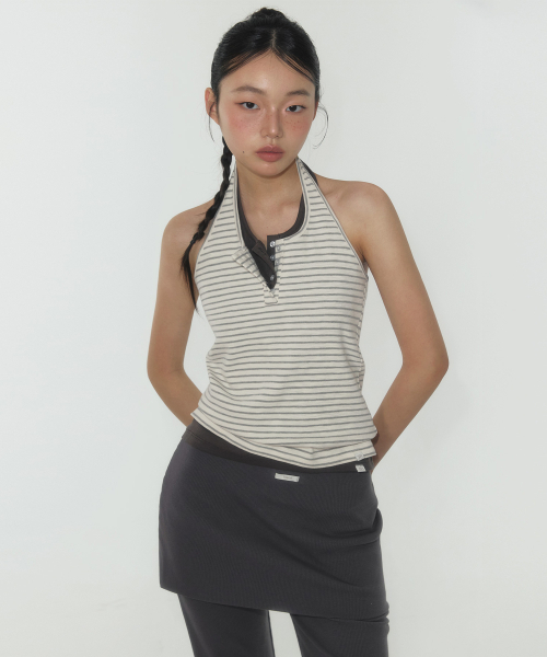 TWEE（トゥウィー）の「エトストライプヘンリーホルターネックスリーブレス（Tシャツ/カットソー・レディース・ライトグレー/オリーブ・SMALL/MEDIUM）」の8枚目の写真