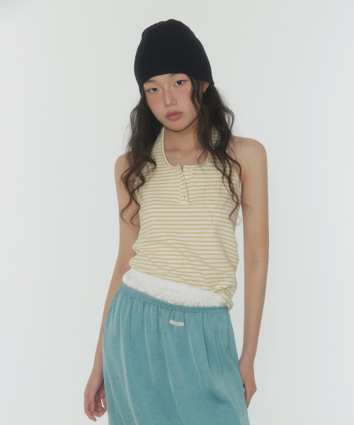 TWEE（トゥウィー）の「エトストライプヘンリーホルターネックスリーブレス（Tシャツ/カットソー・レディース・ライトグレー/オリーブ・SMALL/MEDIUM）」の13枚目の写真