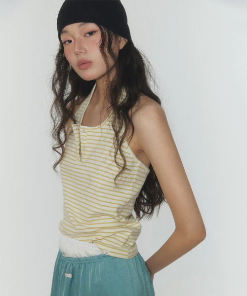 TWEE（トゥウィー）の「エトストライプヘンリーホルターネックスリーブレス（Tシャツ/カットソー・レディース・ライトグレー/オリーブ・SMALL/MEDIUM）」の14枚目の写真