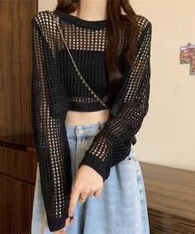 メッシュ編みショート丈ニットトップス