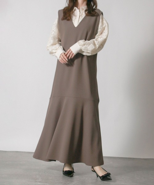 NYLAUS(ナイラス)の「【SG】Vネック フレアワンピース ロングワンピース(ワンピース・レディース・モカ/カーキ・M/L)」の2枚目の写真
