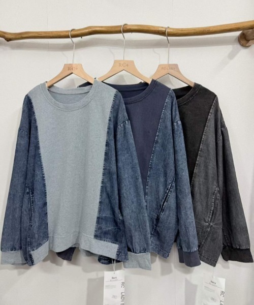 AMELY（エミリー）の「デニム切替スウェット/トレーナー/ゆったりプルオーバー（その他トップス・レディース・ブルー/グレー/ブラック・フリー）」の8枚目の写真